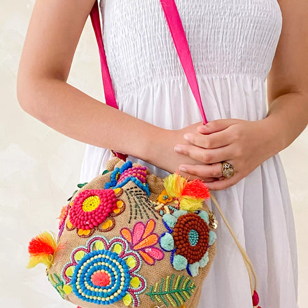 Multicolour Handcrafted JUTE DRAW-STRING CROSSBODY BAG