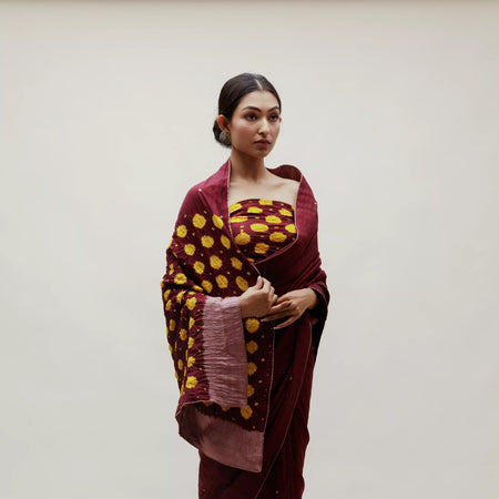 Deep Wine Yellow Bandhani Veda Saree