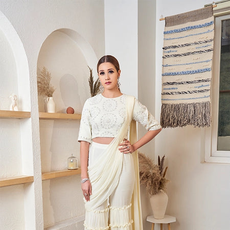 Off White Frill Gharara Saree