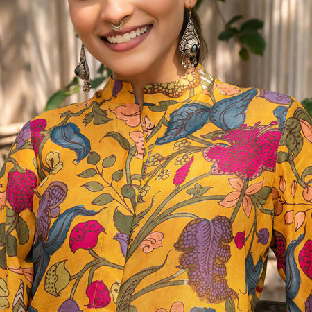 MIHIKA KALAMKARI SHORT TOP IN SOFT SILK MUSTARD YELLOW