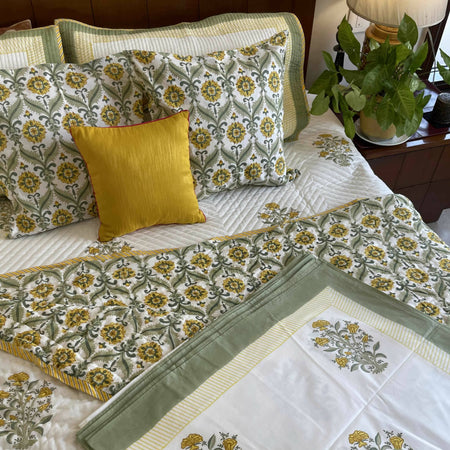 Yellow Flower Block Printed Bedsheet