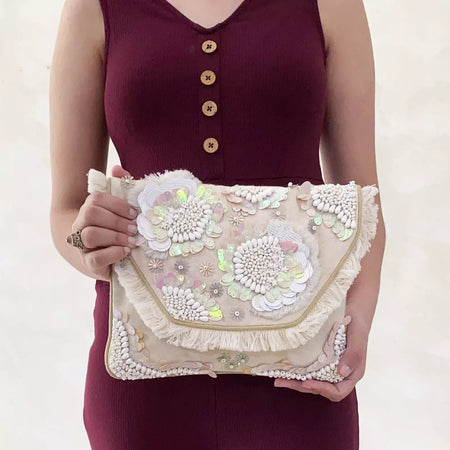 WHITE EMBELLISHED FLAP OVER SLING BAG