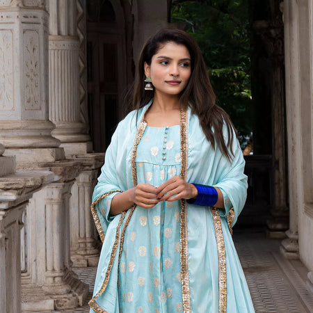 Aaryah Powder Blue Kurta In Silk(Kurta+Pants+Dupatta)