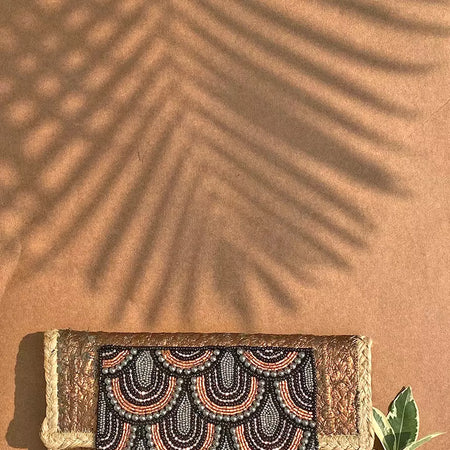 copper Foil printed braided jute handcrafted flapover clutch purse