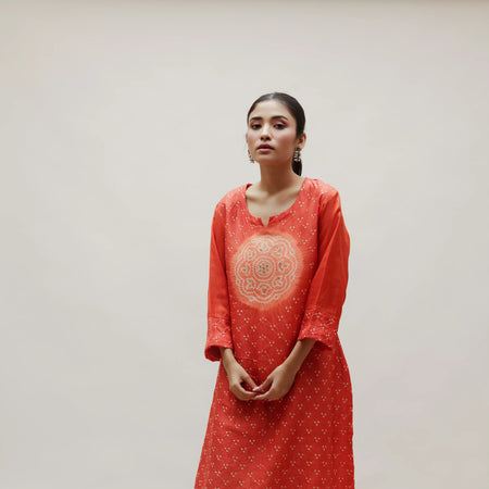 Orange Bandhani on Silk Kurta