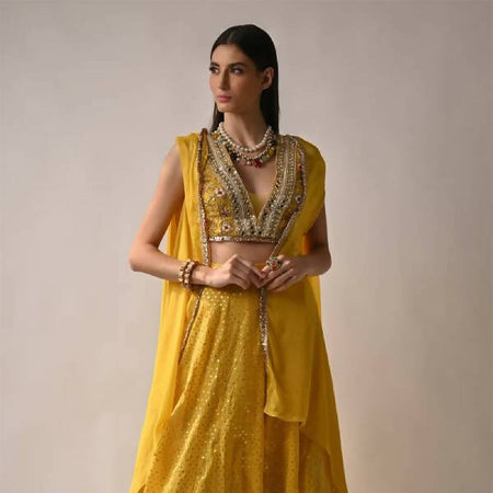 Yellow banarasi chanderi sharara cape set