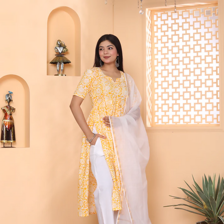 Yellow ajrakh print alia cut kurti pant dupatta set