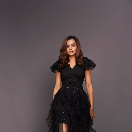 V NECK RUFFLED DRESS WITH CUTWORK