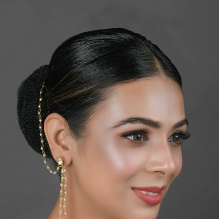 Gold Tone Kundan Inspired Pearl Tassel Earrings with Hair Chain