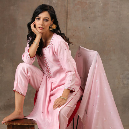 Pink Malhaar Chanderi Silk Ensemble (Set of 3)