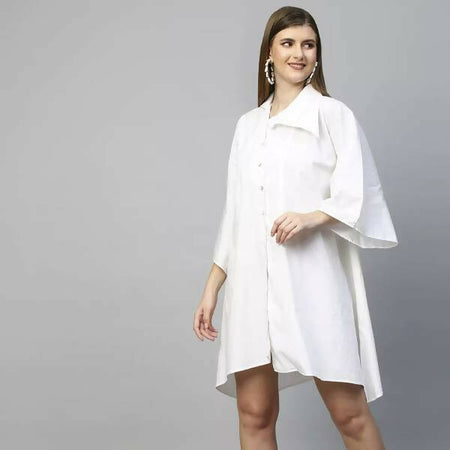 Dress with asymmetric flap collar and flared sleeves