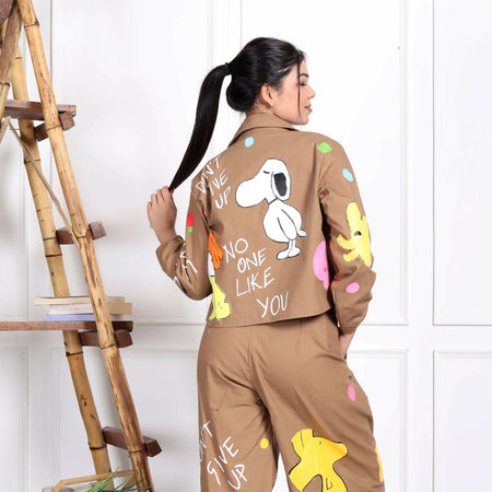 Women hand painted cropped blazer with baggy pants