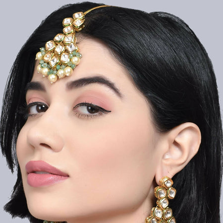 Jade Gold Tone Kundan Earrings and Maang Tikka with Pearls