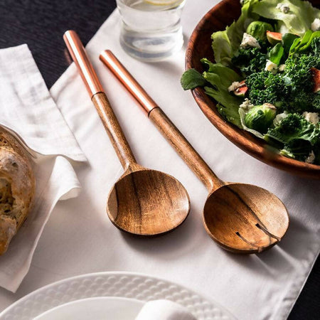 Roseate Salad Serving Set, Acacia Wood with rose gold handle