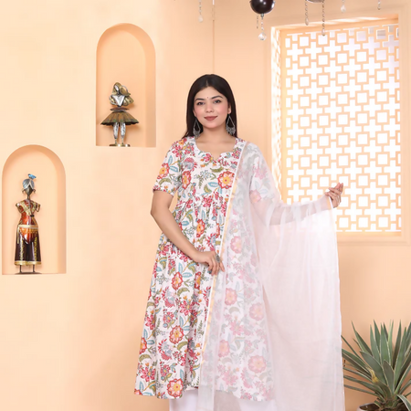 White floral alia cut kurti pant set with dupatta