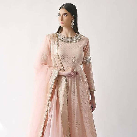 Peach Hand Embroidered Kalidar Anarkali Set