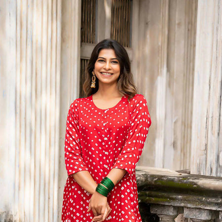 Red Bandhani Kurta In Silk