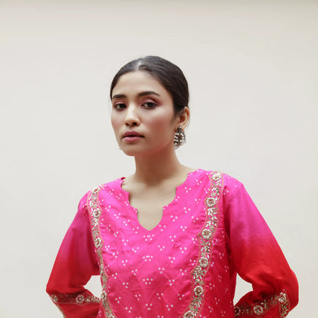 Red Pink Bandhani Silk Kurta with Hand Embroidered