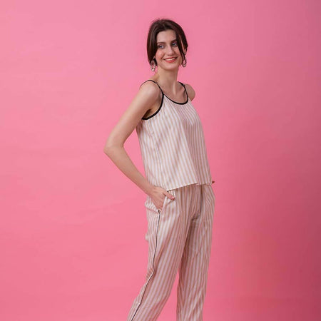 Beige Lurex Camisole Stripe Set