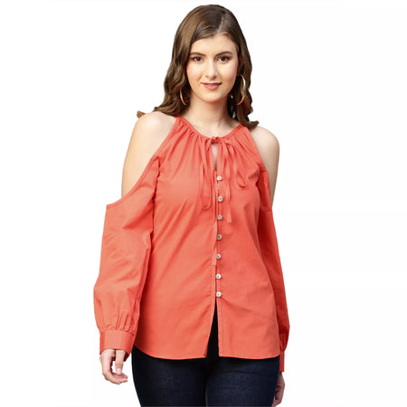 Neck tie-up and cold shoulder shirt