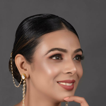 Gold Tone Kundan Pearl Tassel Earrings with Hair Chain