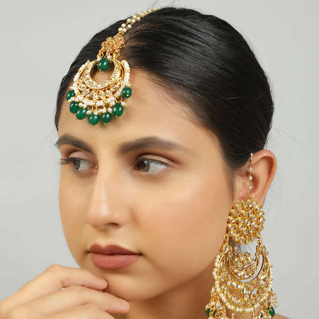 Kundan inspired emerald beaded necklace with earrings & Maang Tikka Set