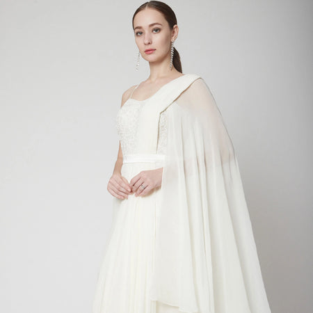 Off-White One Shoulder Drape Saree