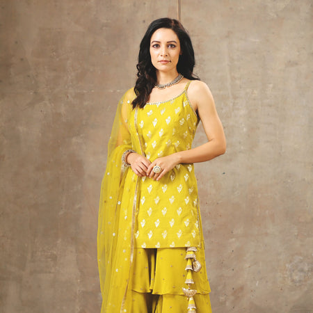 Embroidered Layered Sharara set in Yellow