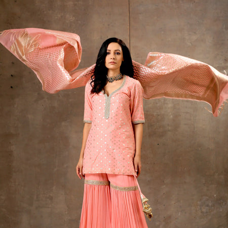 Peach Color Kurta and Sharara and Dupatta Set