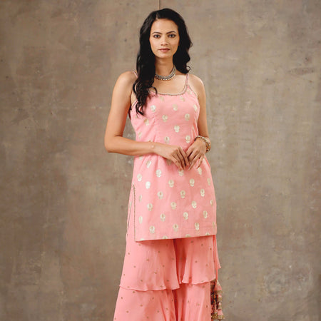 Embroidered Layered Sharara set in Peach Color