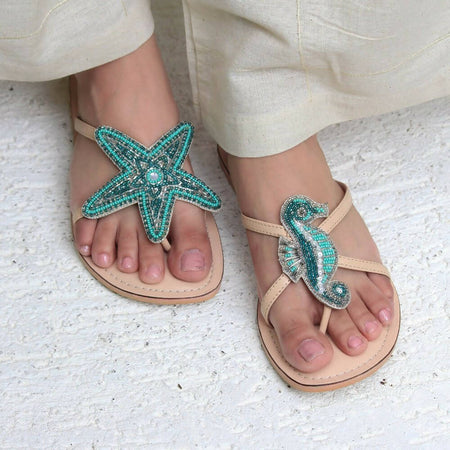 Larry Aqua and Silver Seahorse & Starfish Sandals