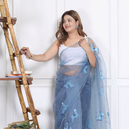 Blue horse hand painted organza saree with unstitch blouse