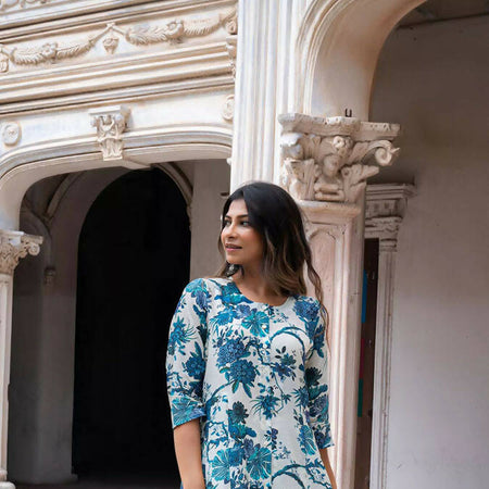 MISHRI FLORAL KALI KURTA SET WHITE & BLUE