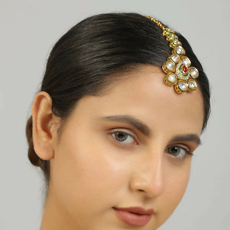 Red Gold Tone Kundan Maang Tikka