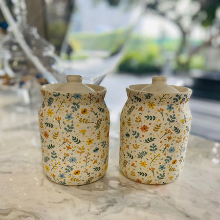 Yellow Printed Flowers - Set of 2 Jars