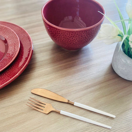 Set of 24 Cutlery Set-White Enamel with Rose Gold