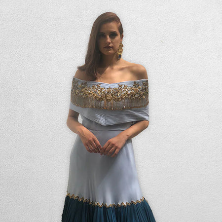 Grey and Teal Blue off Shoulder Gown