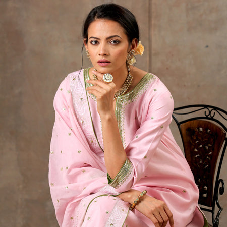 Pink and Green Malhaar Chanderi Silk Ensemble (Set of 3)