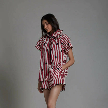 Stripe Tora Shirt and Scallop Shorts Set Red with Black Spade (2 PCS)