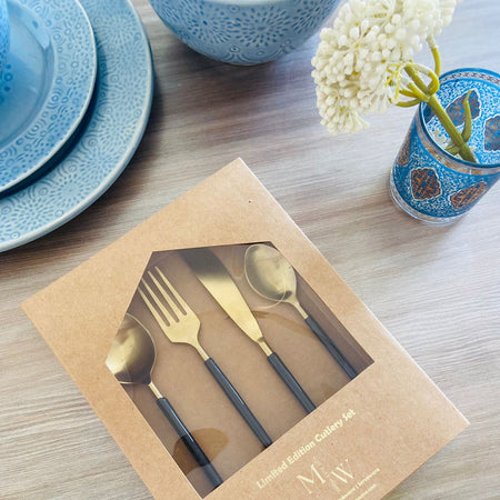 Set of 4 Cutlery Set- Black Enamel with Gold