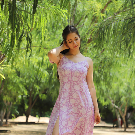 Fervent Lilac Hand Block Printed Cotton Slit Dress