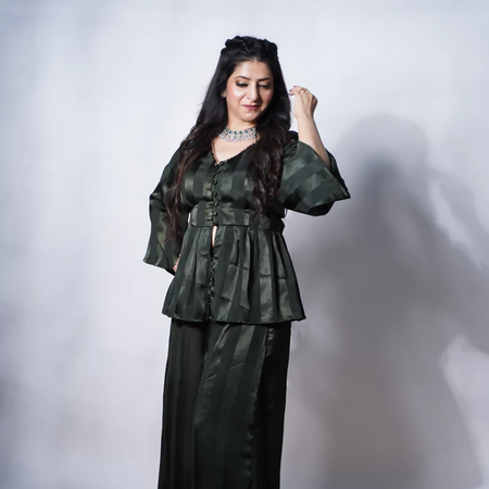 Bottle green festive peplum top with palazzo pants